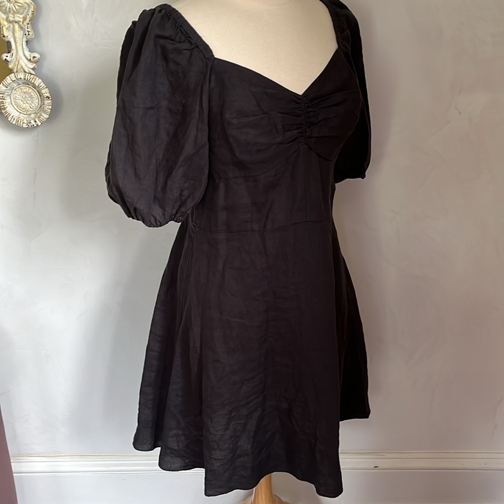 The drop Black Midi Linen Dress w/elbow length puffy short sleeves Size Medium - Picture 3 of 11
